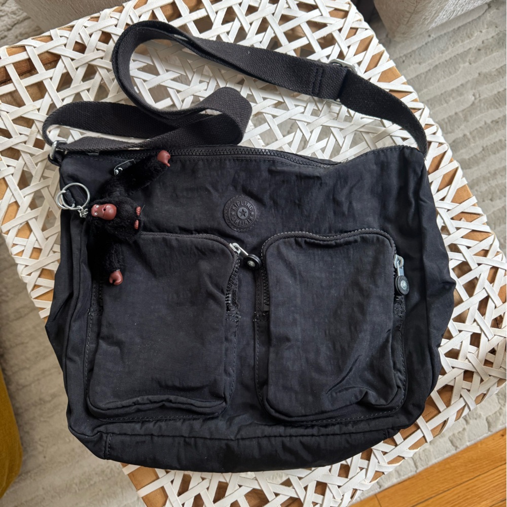 Kipling Black Nylon Crossbody Shoulder Bag with Monkey Charm